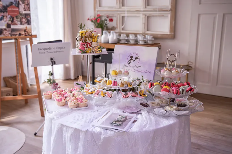 Sweet Table mit Cupcakes, Macarons und Cake Pops auf weißer Spitzentischdecke